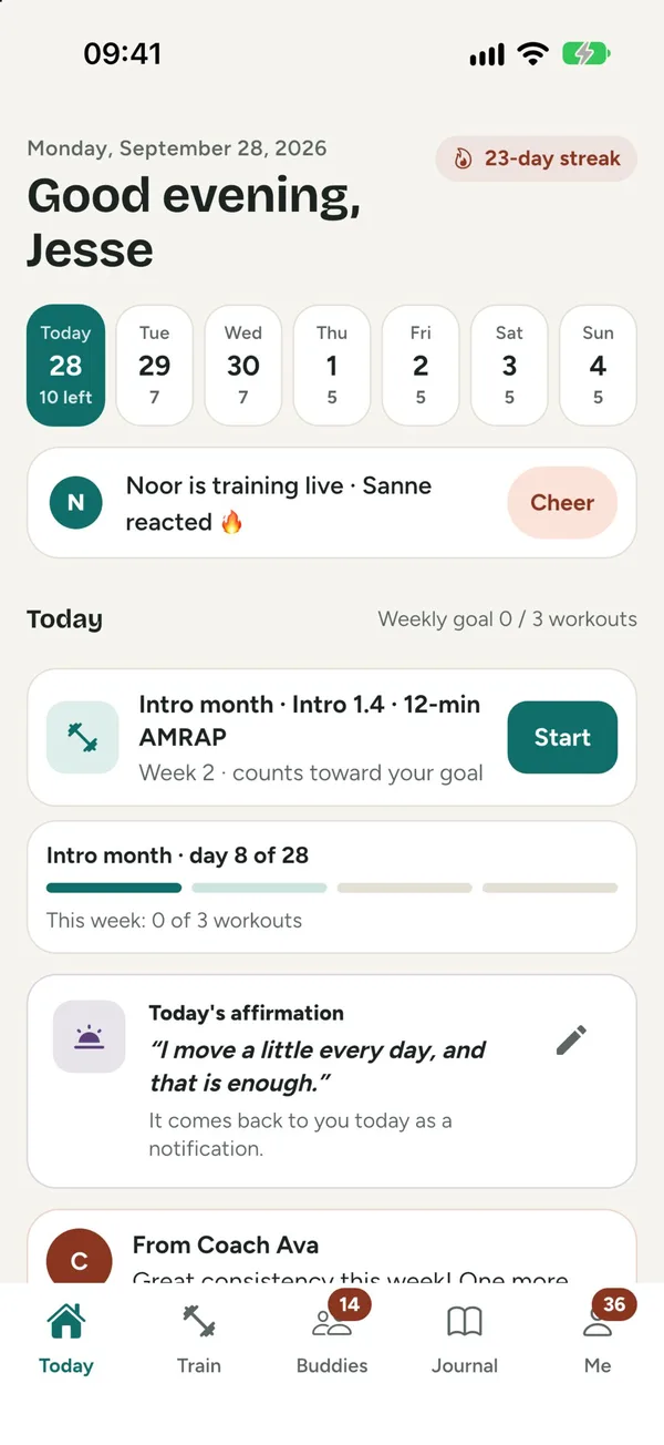 The Today screen: your week at the top, a buddy training live, your weekly goal, a message from your coach and your assignments