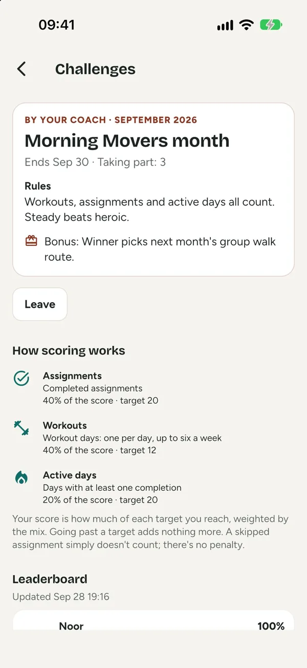 A monthly challenge with its rules, the score and the leaderboard