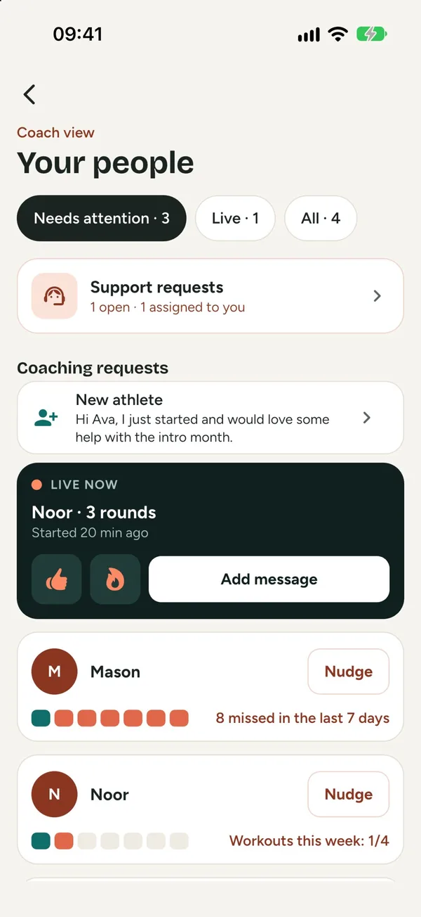 Your people: filters for needs attention, live and all clients, with each client's missed items and a Nudge button