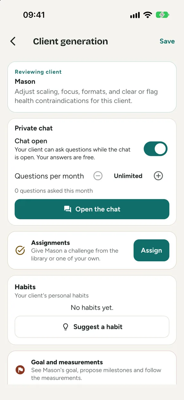 A client's page with assignments, habits, goal and measurements, and reflection