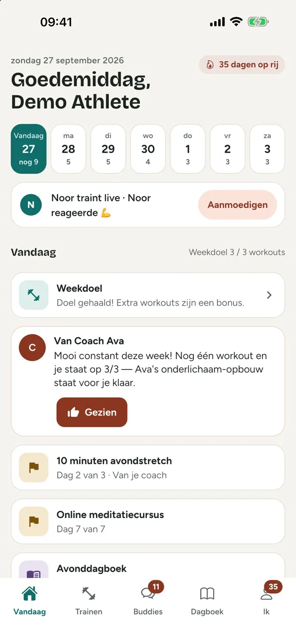 Het scherm Vandaag: je week bovenaan, een buddy die live traint, je weekdoel, een bericht van je coach en je opdrachten