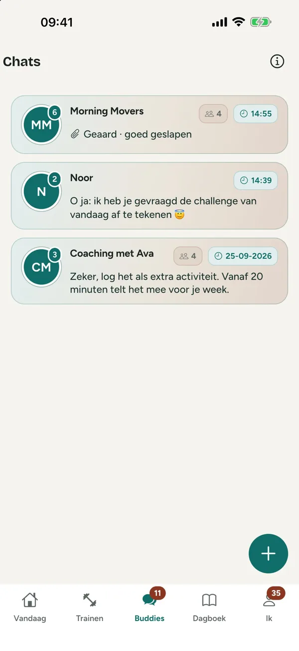 De chats met je buddygroep, een buddy en je coach