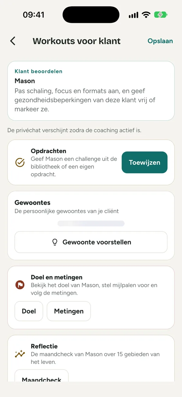 De pagina van een cliënt met opdrachten, gewoontes, doel en metingen en reflectie